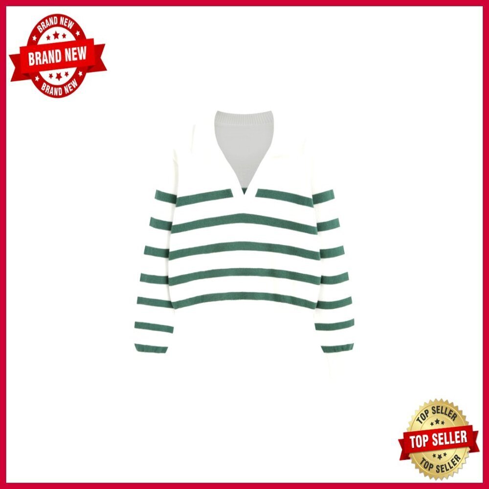 Striped Polo Sweater Pullover Long Sleeve Lightweight V-Neck Top